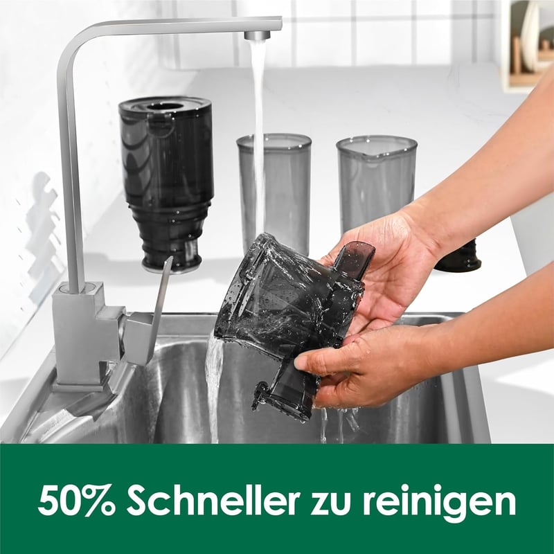 Fretta Slow Juicer 200W - Fekete gyümölcsprés 108mm-es adagolónyílással, egész gyümölcsökhöz, BPA-mentes Tritan anyagból, könnyen tisztíthat