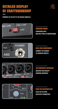 Weymic A80 Professzionális DJ Keverőpult - 8 Csatornás Hangkeverő 99 DSP Effekttel, USB, Bluetooth, XLR Mikrofon Bemenettel, Karaoke és Stúd - A80 8 Channel 7