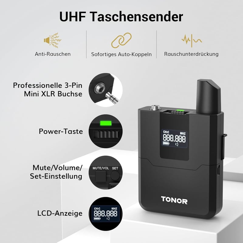 TONOR UHF Vezeték Nélküli Mikrofon Szett Kézi/Csíptetős/Fejhallgatós/Csiptetős Mikrofonokkal, 20 Csatorna, 60m 
