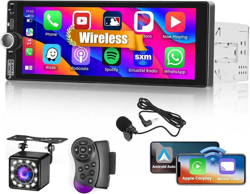 Hikity 1 DIN Autórádió 6.9" Érintőképernyővel - Vezeték Nélküli CarPlay, Android Auto, Bluetooth Kihangosító, Tolatókamera Bemenet, FM Rádió