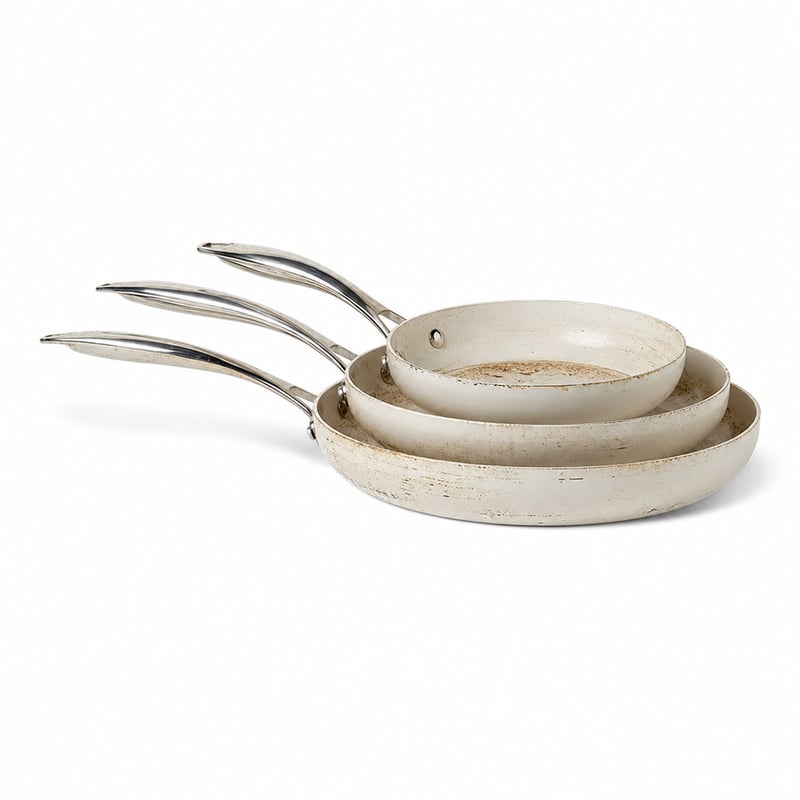 Set de 3 tigăi ceramice antiaderente Amazon Basics — pentru piese/dezmembrare: stare foarte uzată (stare: vezi a doua fotografie)