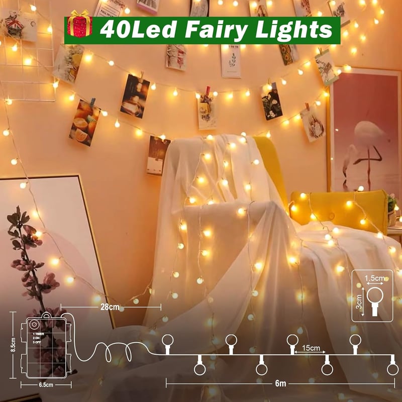 cshare LED Gömb Fényfüzér 6m 40 LED - Elemes, Időzíthető, IP65 Vízálló Dekoráció Kertbe, Kempinghez, Karácsonyra, Beltérre és Kültérre, Mele