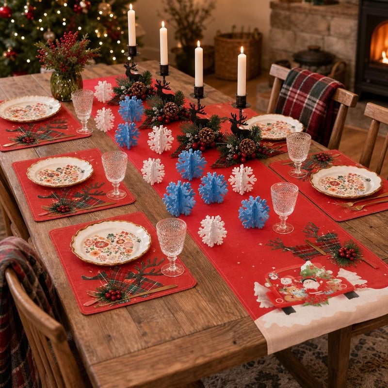 Adventi čarolija: 16x 3D pahuljica + stolnjak + 4x svijećnjak sob + 6x podmetač