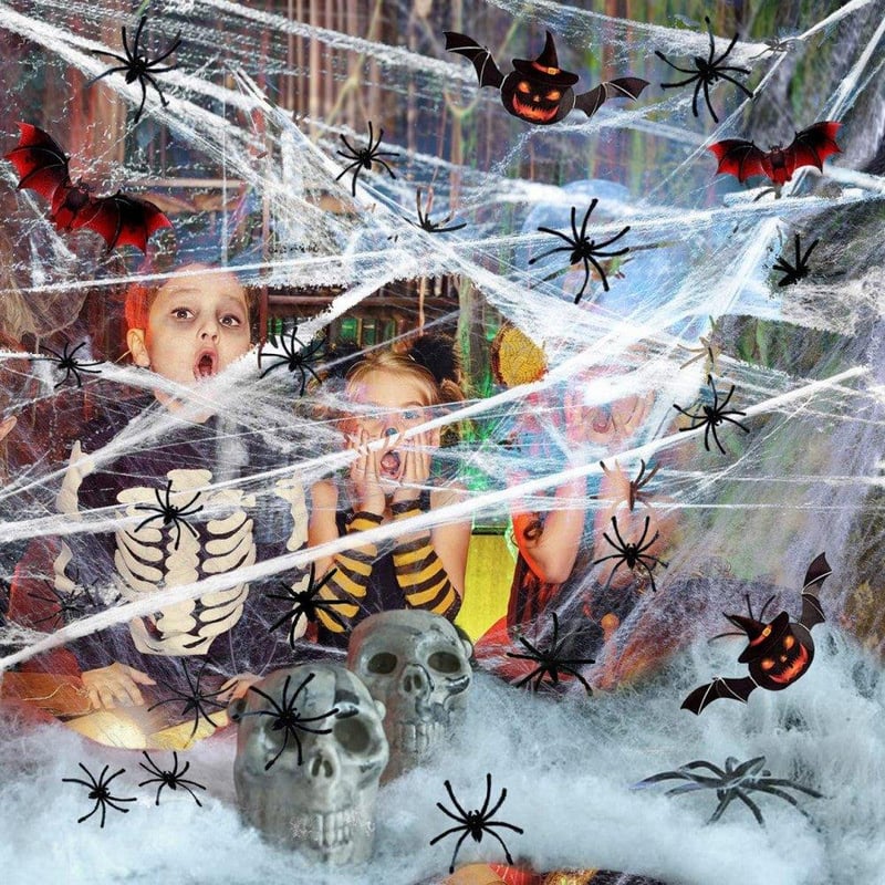 Óriás Halloween Szett: Pókháló, 60 Pók és 24 Denevér - Ijesztő Dekoráció
