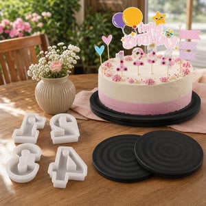 Set za rođendanske torte: 1x kalupi za brojeve 1-4 + 2x rotirajući stalak + 1x topper Happy Birthday