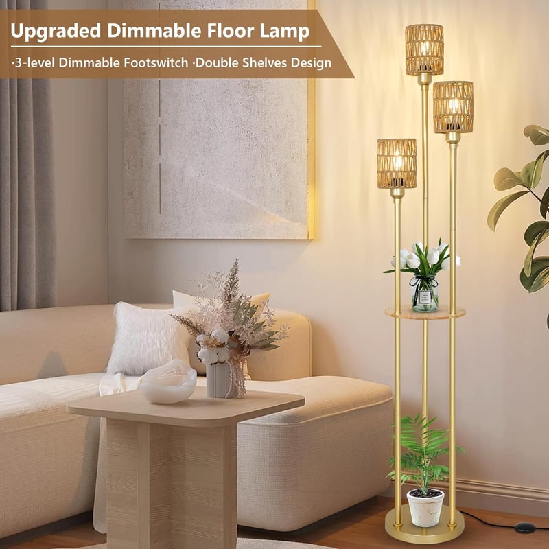 Rayofly Modern Boho Állólámpa 3 Izzóval - Rattan Lámpaernyő, Polccal és Háromfokozatú Lábkapcsolóval - Tökéletes Hálószobába, Irodába, Nappa