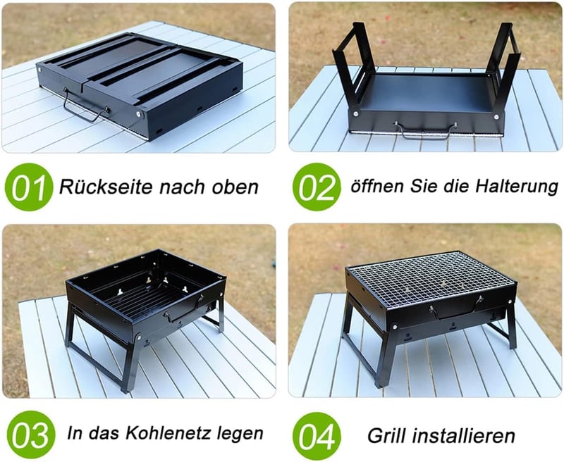 ROIMOE Hordozható Faszenes Grillsütő - Összecsukható Asztali BBQ Grill Kempingezéshez, Piknikezéshez, Fekete, Nagy Méret (43x29x22 cm)