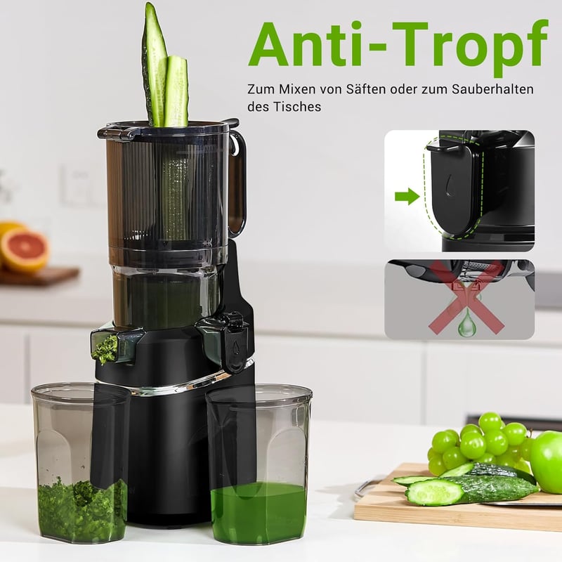 AMZCHEF Nagy Nyílású Automata Gyümölcs- és Zöldségprés, 1.8L, Hidegpréselés, Fekete