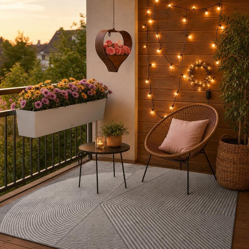 Erkélyromantika kuckó: önöntöző láda + függő virágcserép + 10 m LED-fényfüzér + 160x230 cm szőnyeg