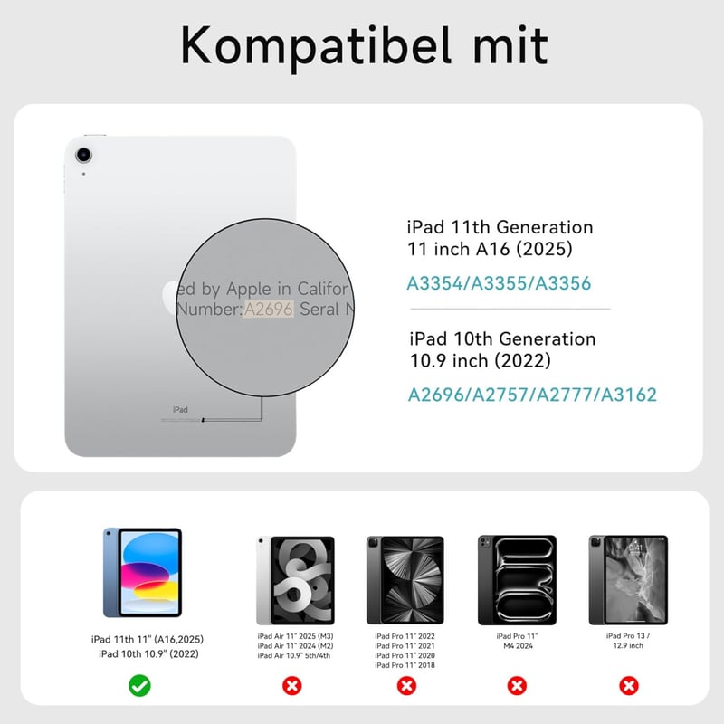 HOU Slim Bluetooth Billentyűzetes Tok iPad 11. és 10. Generációhoz - Fehér QWERTZ Műbőr Védőtok Ergonomikus Szöggel, Mágneses Rögzítéssel