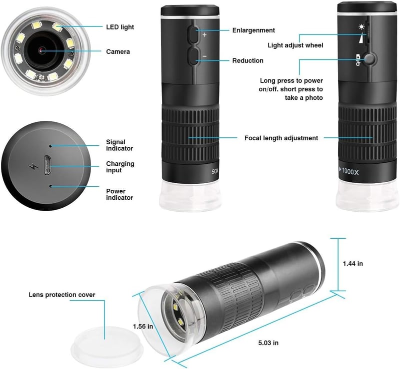 Cainda WiFi Digitális Mikroszkóp - 1080P HD Felvétel, 50-1000x Nagyítás, iOS/Android/Windows/Mac Kompatibilis, LED Világítással, Fém Állvánn