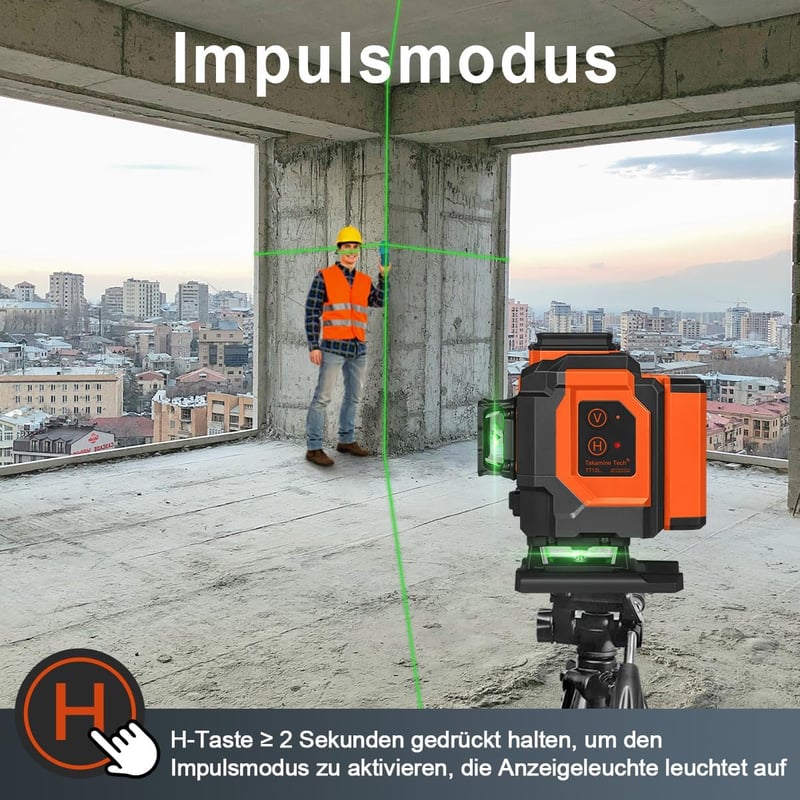 TakamineTech 3x360° Zöld Lézeres Szintező - 12 Vonalas Önbeálló Lézerszintező Távirányítóval, Építkezéshez, Csempézéshez, Type-C Töltéssel