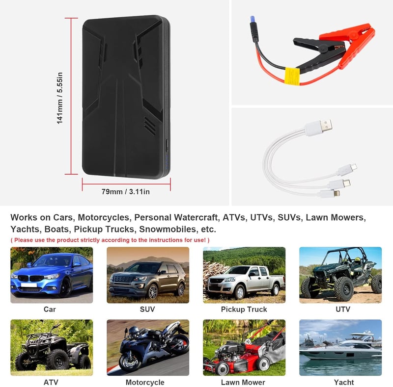 ASUNCELL Autós Bikázó 27000mAh Powerbank 600A 12V - Hordozható Indításrásegítő 5.0L Benzin és 2.0L Dízel Motorokhoz, LED Lámpával