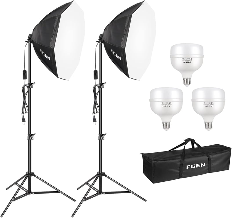 FGen Oktogonális Softbox Fotóstúdió Szett 135W 5500K LED Lámpákkal, 70cm Fénydoboz és 2m Állítható Állványok Portré és Termékfotózáshoz