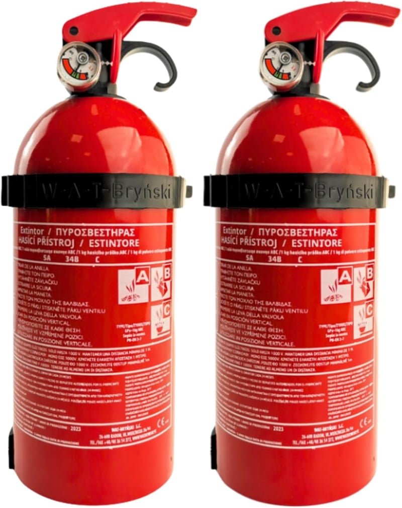 notlok Safety Work 2 db 1 kg-os ABC Poroltó Készülék | Elektromos Eszközökhöz < 1000 V | Mini Tűzoltó Készülék Konyhába és Autóba | Tartóval