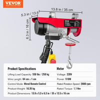 VEVOR Elektromos Csörlő 250kg Teherbírással, 12m Emelési Magasság, 510W Rézmotoros Emelő, Vezetékes Távirányítóval, Műhelyekbe és Raktárakba 7