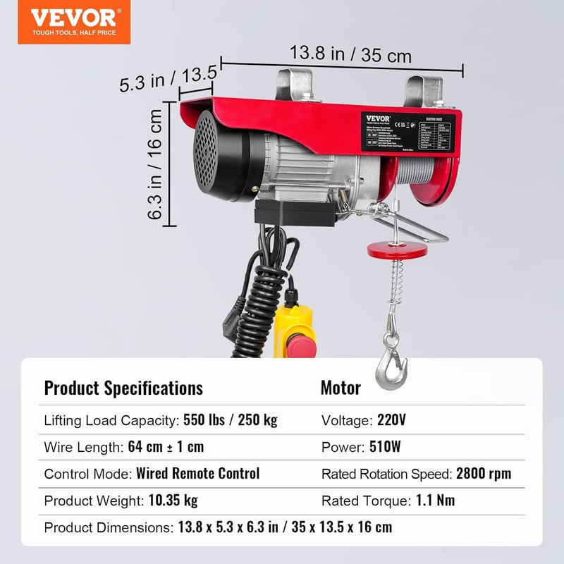 VEVOR Elektromos Csörlő 250kg Teherbírással, 12m Emelési Magasság, 510W Rézmotoros Emelő, Vezetékes Távirányítóval, Műhelyekbe és Raktárakba