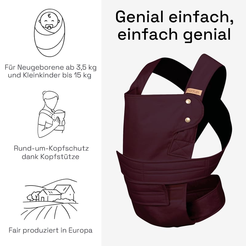 marsupi Babahordozó - Újszülötteknek Születéstől 15 kg-ig - Tépőzáras Rögzítés - Könnyű és Kompakt Kialakítás - 100% Pamut - Classic/Berry S
