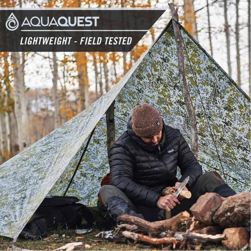 AquaQuest Safari Vízhatlan Sátorponyva - Könnyű SilNylon Túlázó Menedék 3x3m - Terepszínű Kempingponyva Hátizsákos Túrázáshoz
