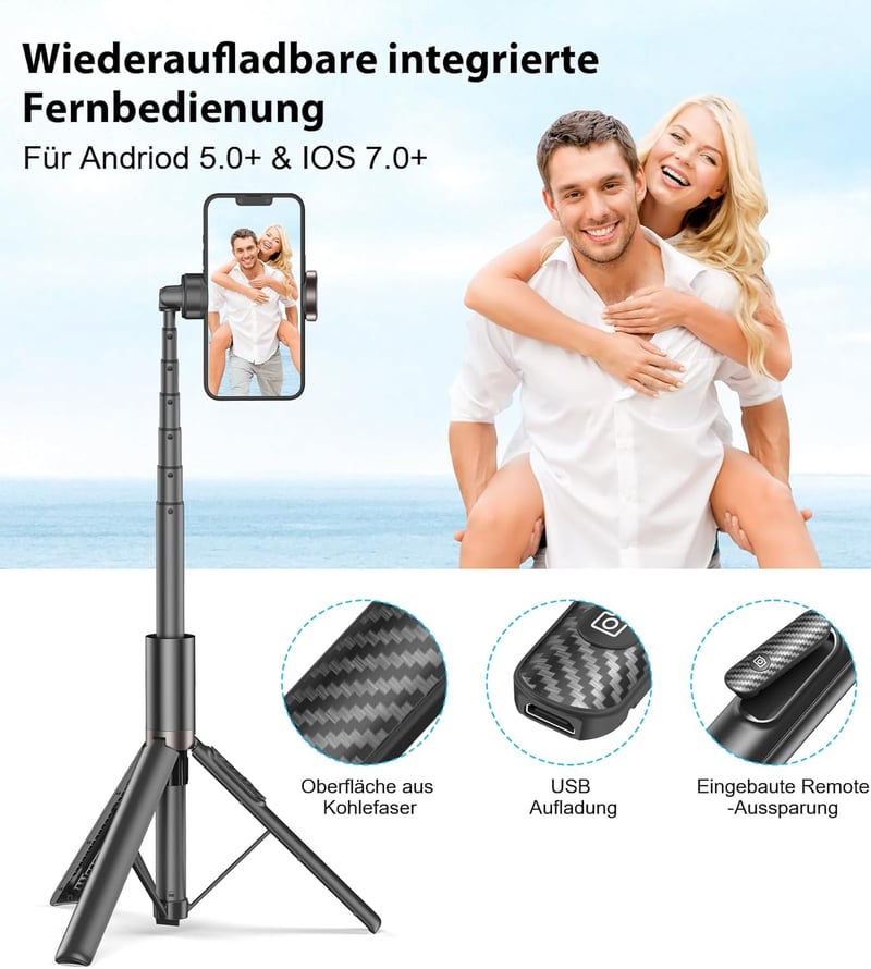 TONEOF 153cm-es Forgatható Szelfibot Állvánnyal, Távirányítóval - iPhone, Android Kompatibilis