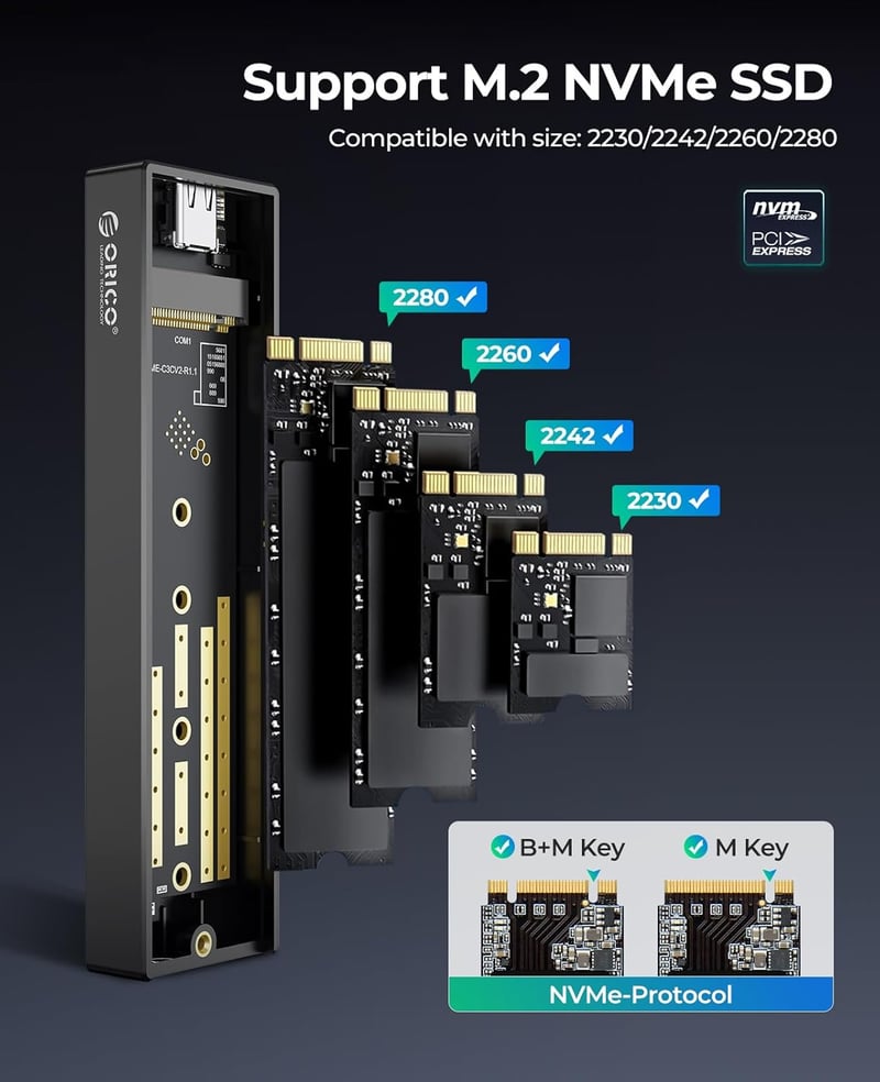 ORICO M.2 NVMe SSD külső ház USB-C 10Gbps, PCIe kompatibilis, 2230-2280 méretekhez