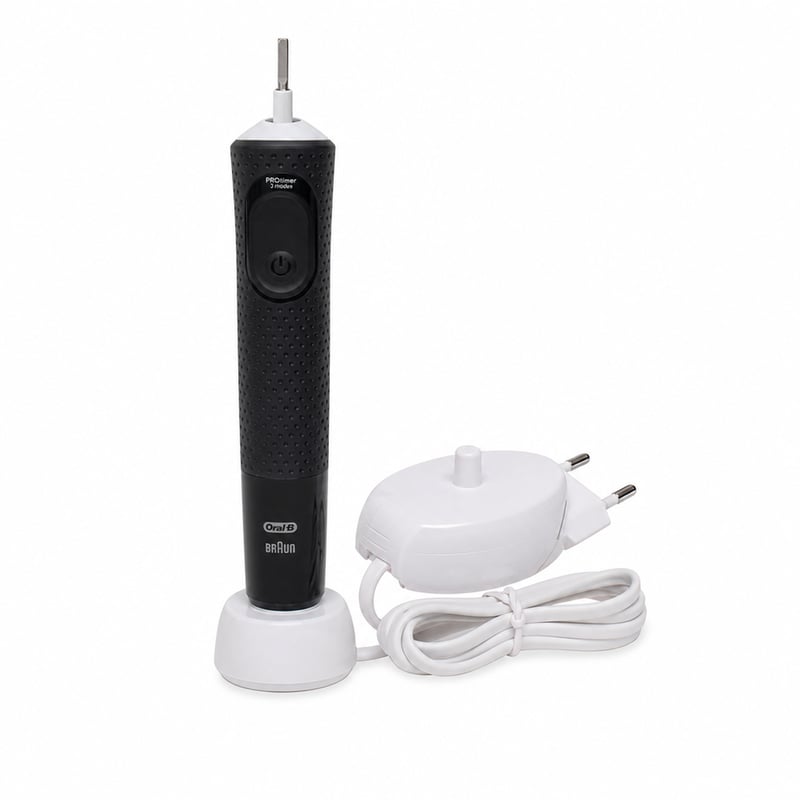 Elektrická zubná kefka Oral-B Vitality Pro s 3 režimami čistenia, čierna - používaná, bez hlavice, s nabíjačkou (stav: pozri 2. obrázok)