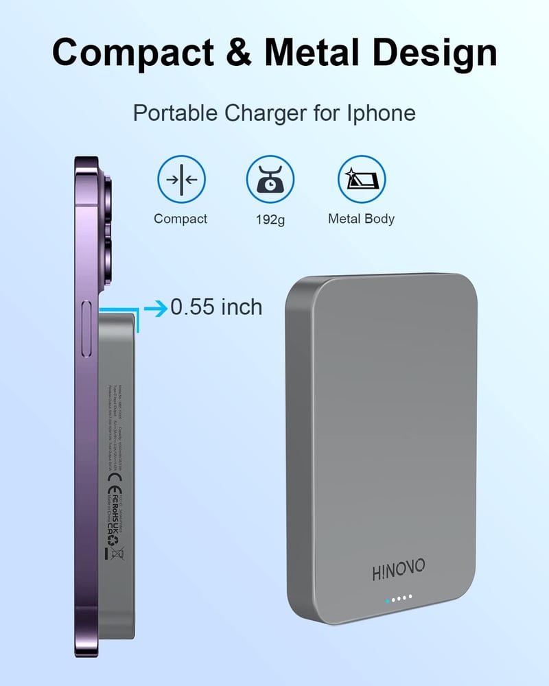 HINOVO MagSafe Powerbank 10000mAh - 20W PD Gyorstöltés iPhone 15/14/13/12 Sorozathoz, Vezeték Nélküli Fém Külső Akkumulátor