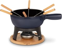 Mont JOUX Fondue készlet, 6 villával, kék öntöttvas edény, natúr fa talppal 1