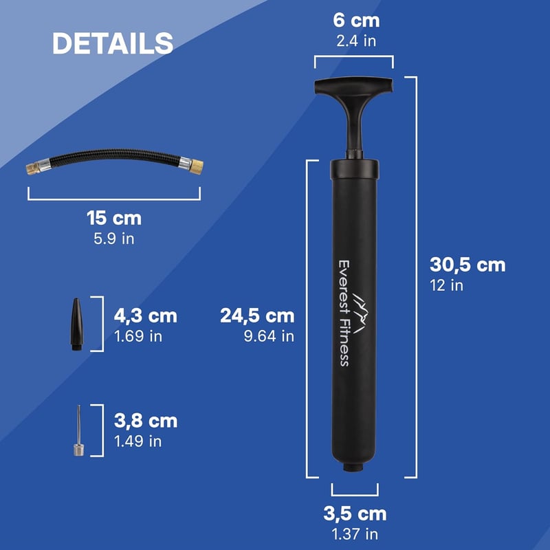 EVEREST FITNESS Labdapumpa 30 cm - Kézi Pumpa Futball, Kosárlabda, Röplabda és Kerékpár Felfújásához, 2 Tűvel és Levehető Csővel, 100g