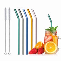 Realjoy súprava opakovane použiteľných farebných sklenených slamiek s 2 čistiacimi kefkami, 195x8 mm, zahnuté, na koktaily, smoothie a nápoje – 5-dielna súprava 1