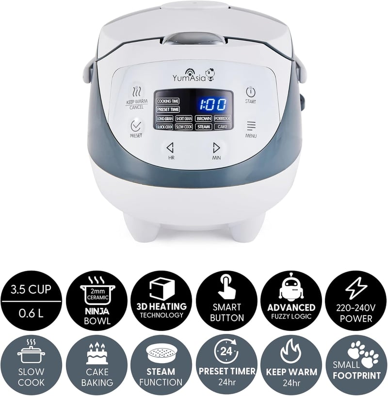 Yum Asia Panda Mini rizsfőző 0,6L kerámia edénnyel, Micom Fuzzy Logic technológiával, 8 főzési funkcióval, LED kijelzővel, 350W, fehér-szürk