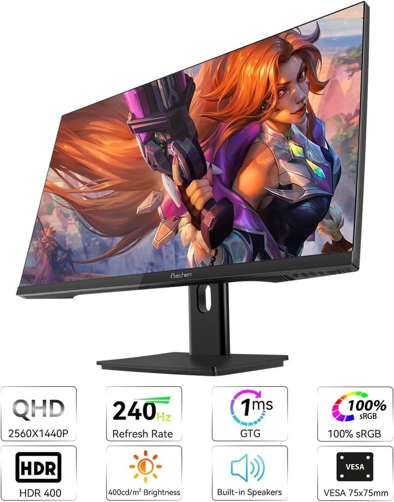 Prechen 27" 2K QHD Gamer Monitor 240Hz, 1ms, HDR400, 2560x1440P, FreeSync Premium Pro, Beépített Hangszórók, VESA Kompatibilis