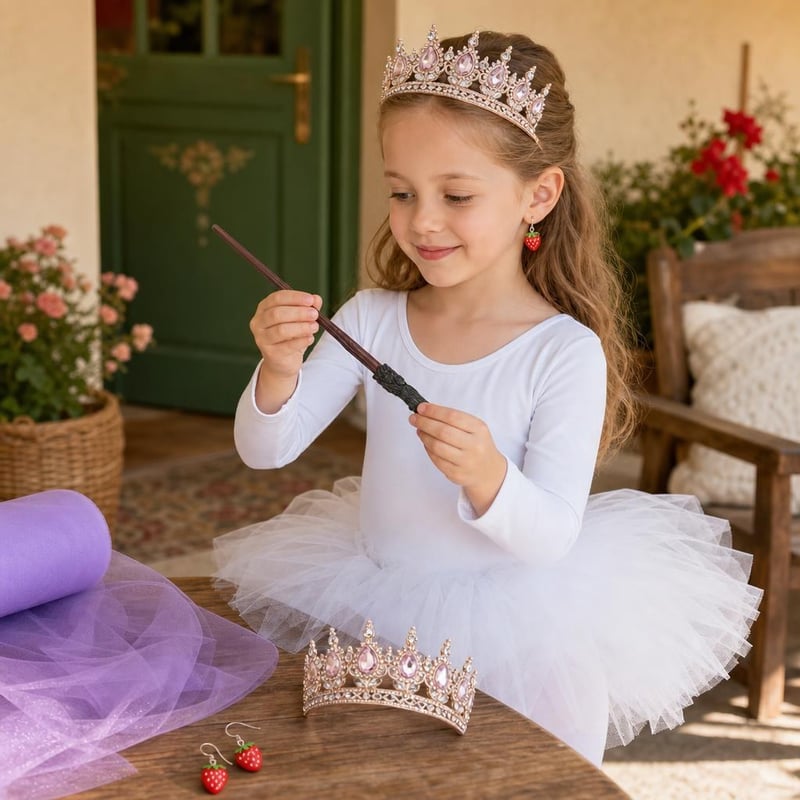 Set princeza: baletna haljinica + kruna + štapić + 1m tila + naušnice jagodice