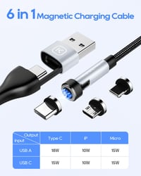 KUULAA 6 az 1-ben mágneses töltőkábel, 360°-os, USB-C/A, 2m, gyorstöltés 5