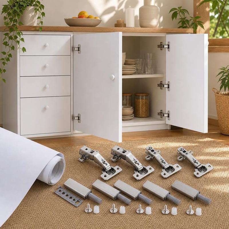 Set za obnovu kuhinje: 4x magnetni otvarač + 2x soft-close panti + 2x kutni panti + folija za namještaj