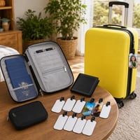 Putni set za organizaciju: kožni novčanik + etui za 3 putovnice + M navlaka za kofer + 10x oznaka za prtljagu 1