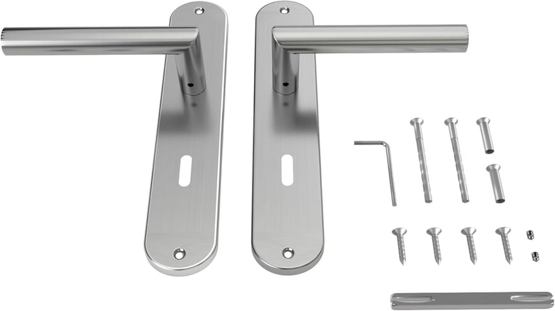 AwmnSrman Rozsdamentes Acél Beltéri Ajtókilincs Szett - Matt Ezüst Kilincs 72mm-es Zárszerkezettel, 2 Fogantyú és 2 Hosszú Címtábla 240x50mm