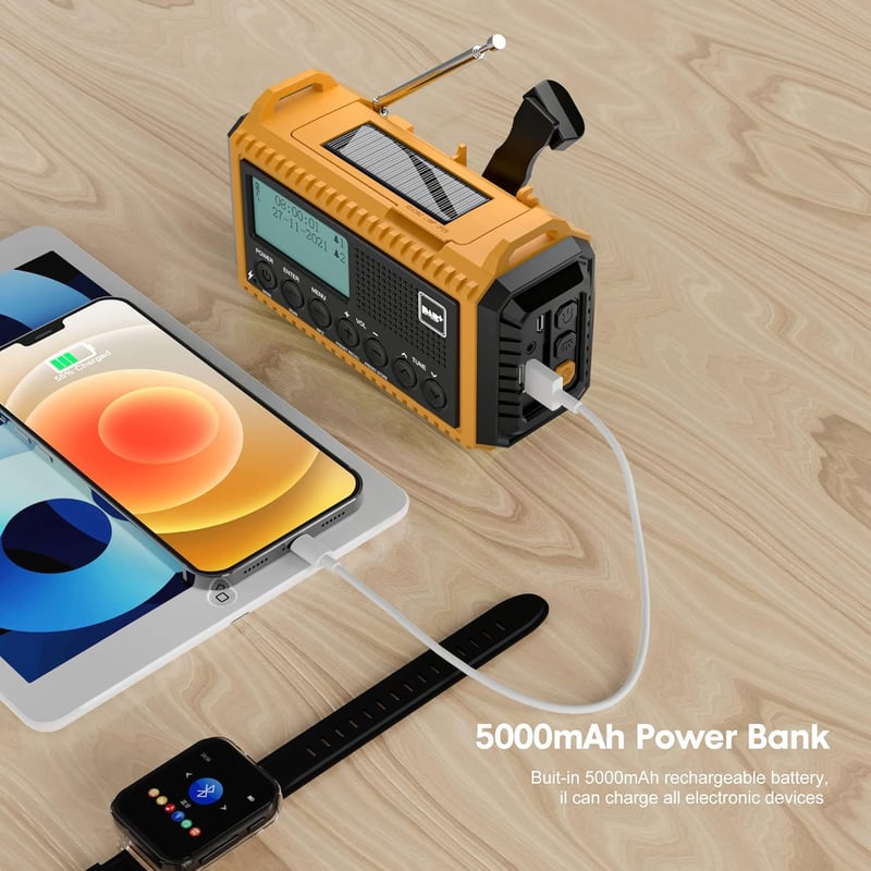 DAB+ Napelemes Kurblis Rádió LED Lámpával, 5000mAh Akkuval - Sárga, Kempinghez