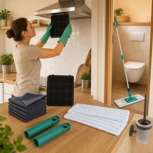 Set za čišćenje doma: ugljeni filter + 6 krpa + 2 navlake za mop + 2 drške + WC četka + 12 pari rukavica