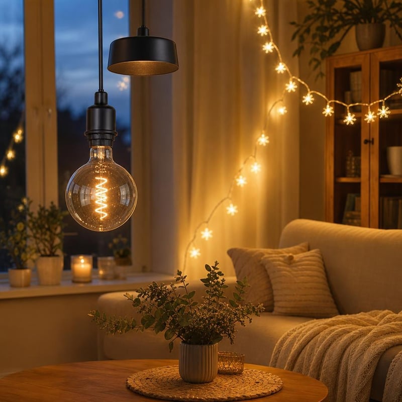 Večerné svetelné objatie: závesná lampa + vintage LED žiarovka + 6m svetelná reťaz snehové vločky