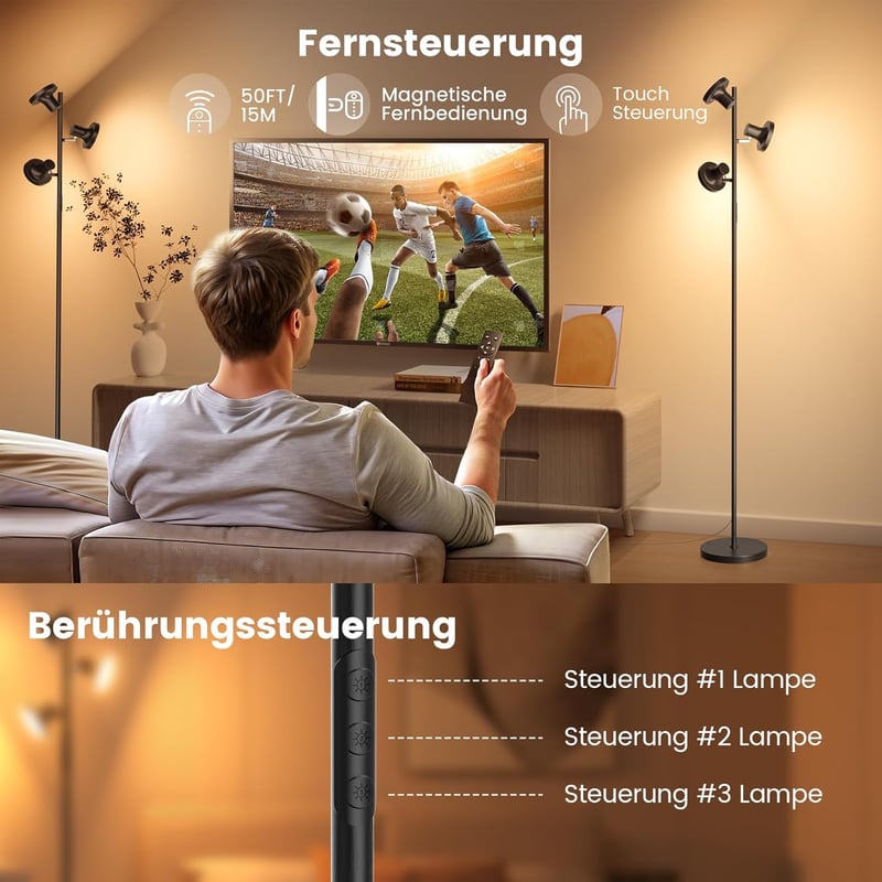 SIBRILLE Állólámpa 36W 2500LM - Távirányítós LED Dimmelhető 3 Fényforrással, 2700K-6500K Színhőmérséklet, Érintésvezérelt Modern Fekete Lámp