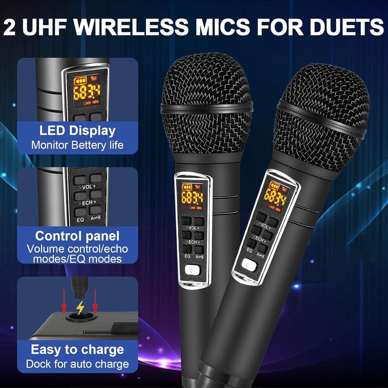 ALPOWL AL001 Karaoke Gép 2 Vezeték Nélküli UHF Mikrofonnal - Hordozható Bluetooth Hangszóró LED Fényekkel Otthoni Partikhoz, Esküvőkre