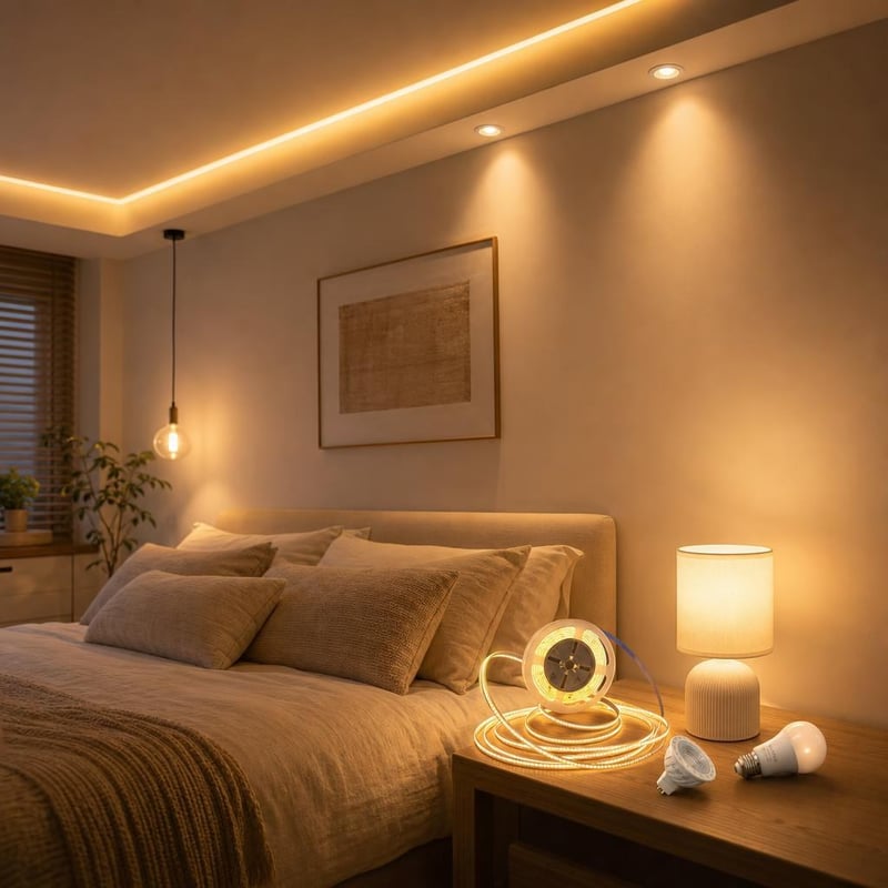 Hálószobai fényvarázs: GU5.3 LED spot + okos E27 izzó + 5 m LED szalag + textilbúrás asztali lámpa