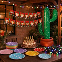 Rođendanski party set: 86 cm kaktus + zastavice + 80 tanjura + 10 svjećica s brojevima + LED lampice 1