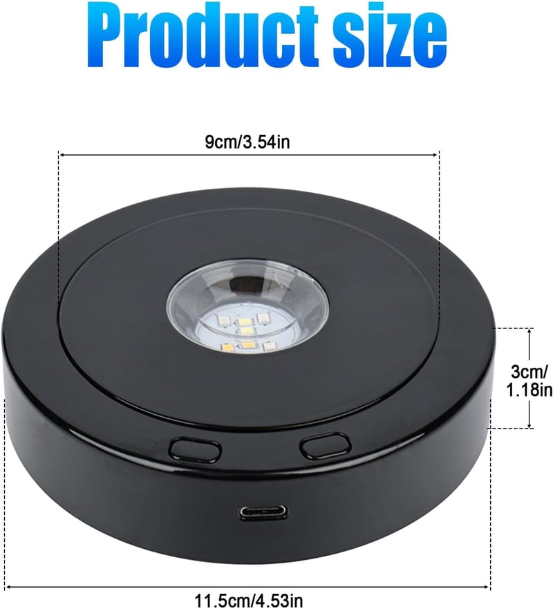 luolety LED Forgó Kiállítási Talp - Színes Fényekkel, 360 Fokos Forgatható Állvány Üveggömbhöz, Kristálygömbhöz, Ékszerekhez, USB/Elemes Műk