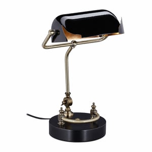 Relaxdays Bankárska lampa s objímkou E27, retro štýl, čierna, polohovateľná knižničná lampa — bez rozbitého tienidla (stav: pozri 2. obrázok)