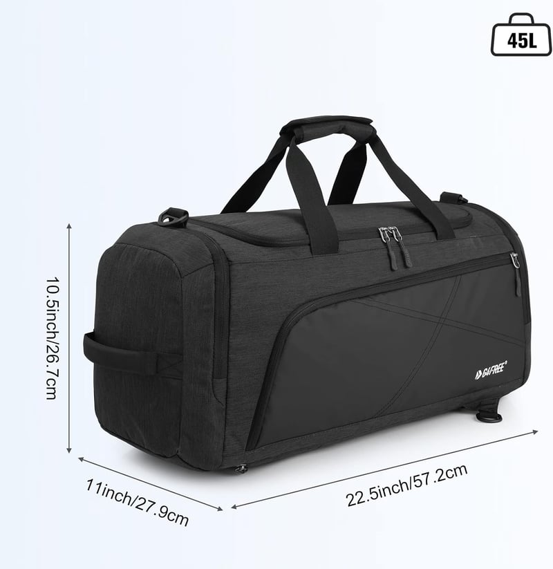 G4Free 45L/60L Utazó Hátizsák - Nagy Méretű Sporttáska Nedves és Cipőtartó Rekesszel Utazáshoz, Úszáshoz, Jógához, Túrázáshoz és Kempingezés - Dark Grey/Black