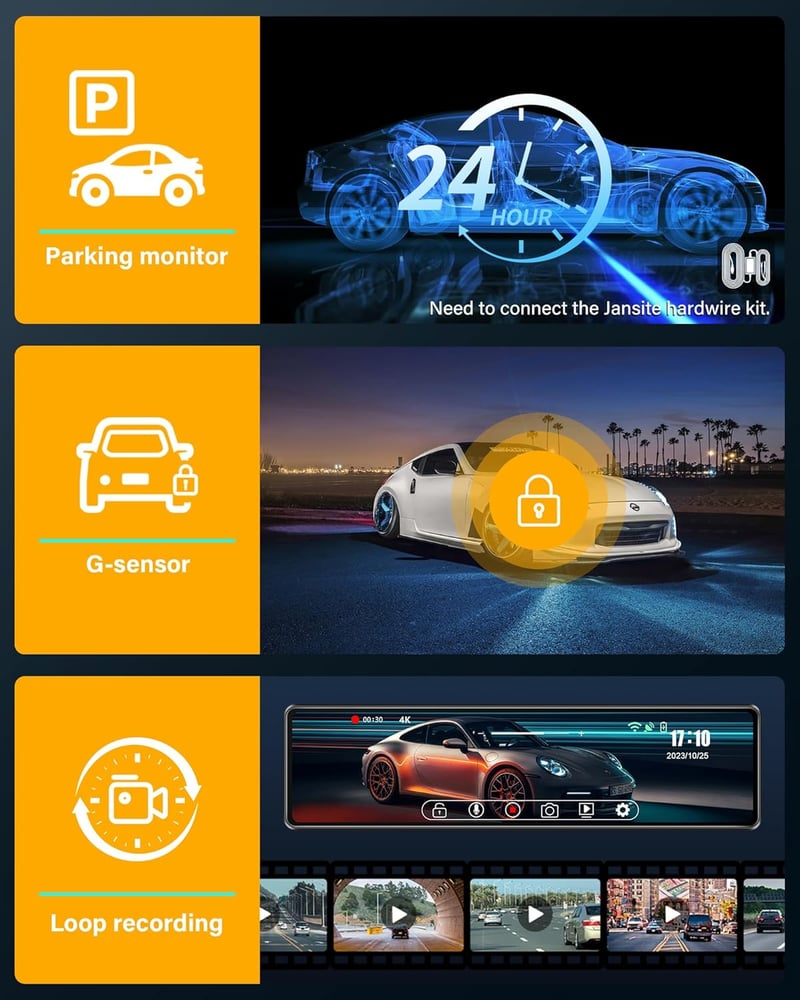 Jansite 4K WiFi tükör menetrögzítő kamera, 12" érintőképernyő, tolatókamera, 64GB SD