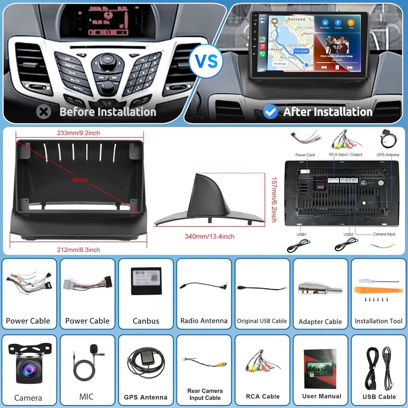 Android 2G+64G Autórádió Ford Fiesta (2009-2017) - 9" GPS Navigáció, Vezeték nélküli CarPlay, WiFi, Bluetooth, Tükrözés, FM/RDS/DAB/DVR