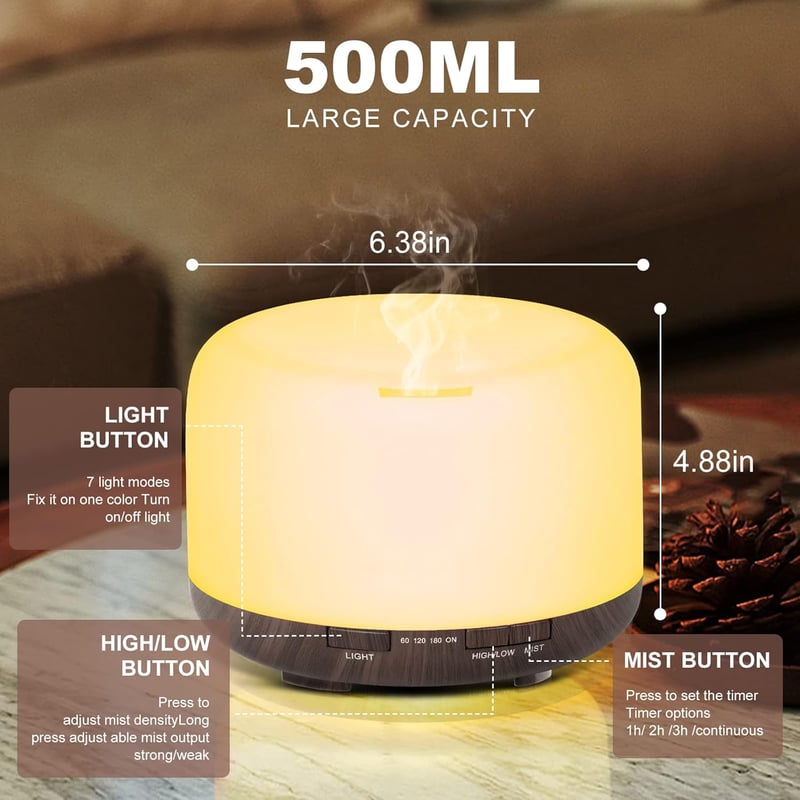 ACWOO Aroma Diffúzor 500ml - 6 Illóolajjal, 7 Színű LED Világítással, Távirányítóval, Párásító Funkcióval Otthonra, Jógához, Irodába
